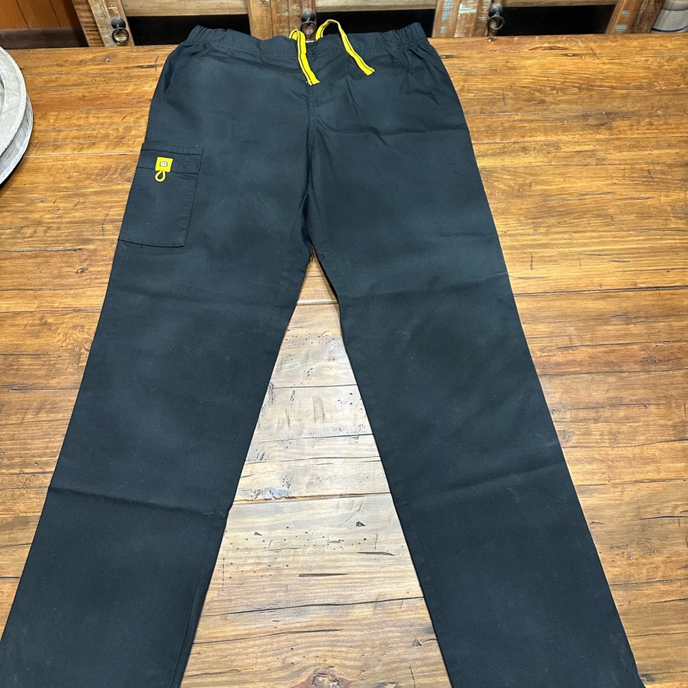 WonderWink Black Straight-Leg Scrub Pants with Yellow Drawstring